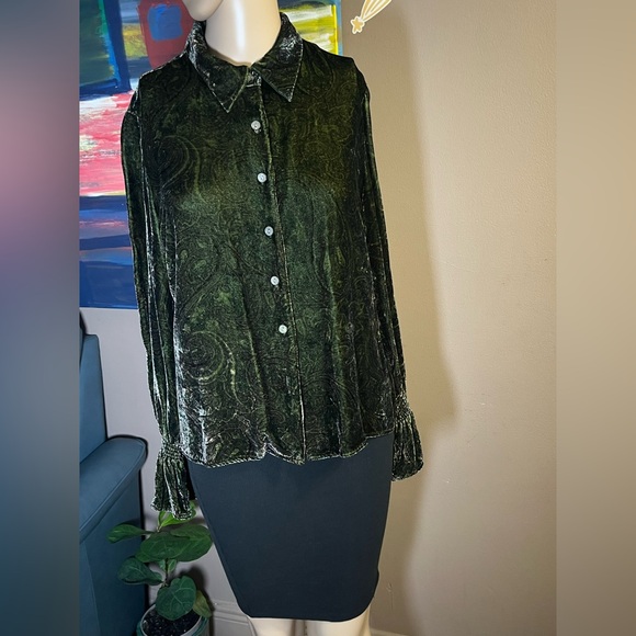Kate Hill Petite Dark Green Crushed Velvet Paisley Button Down Blouse 8P Ruffle - Picture 3 of 12